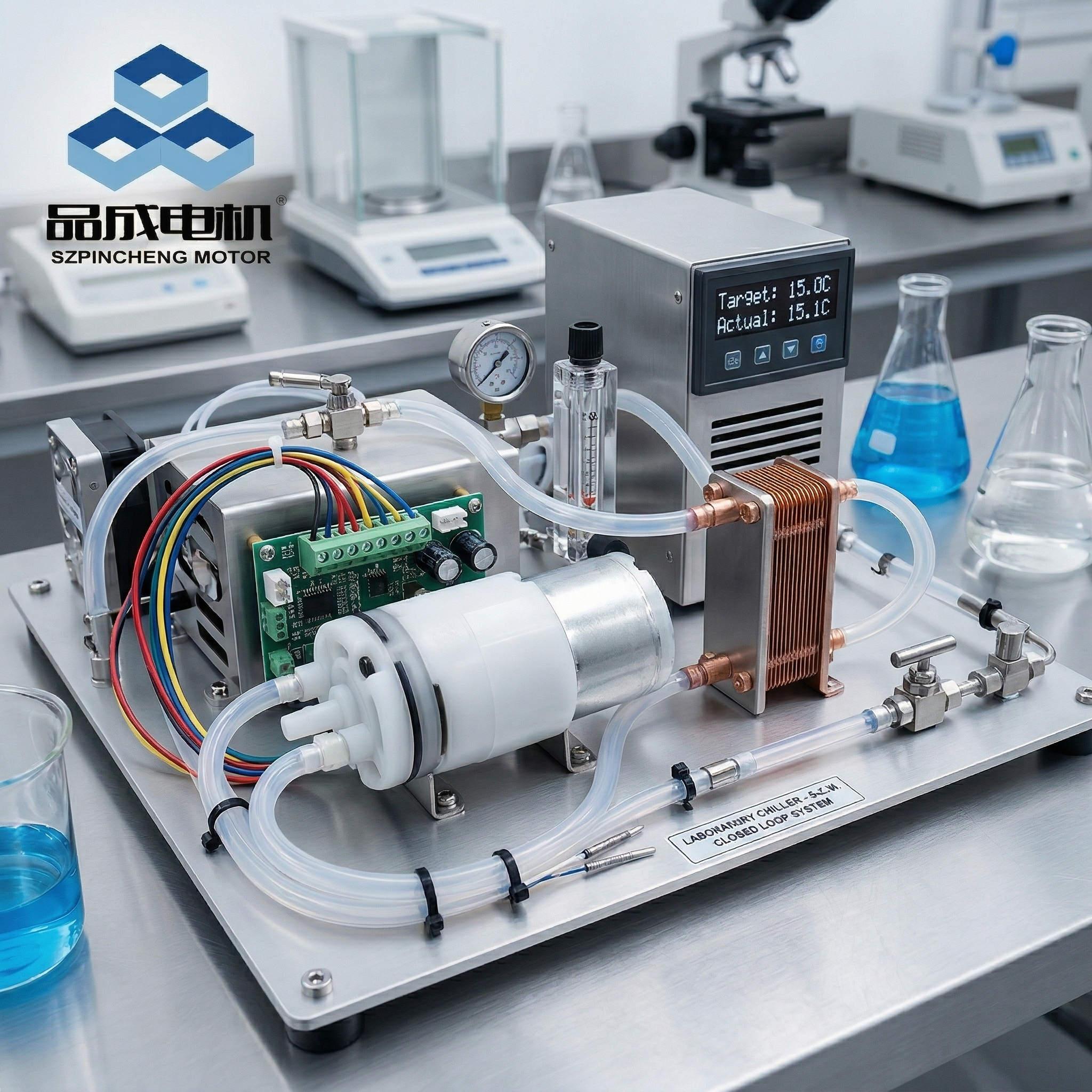 Industrial-grade micro DC brushless water pump used in a laboratory circulation and cooling setup. Demonstrates the pump's application in precision fluid management and thermal control systems.