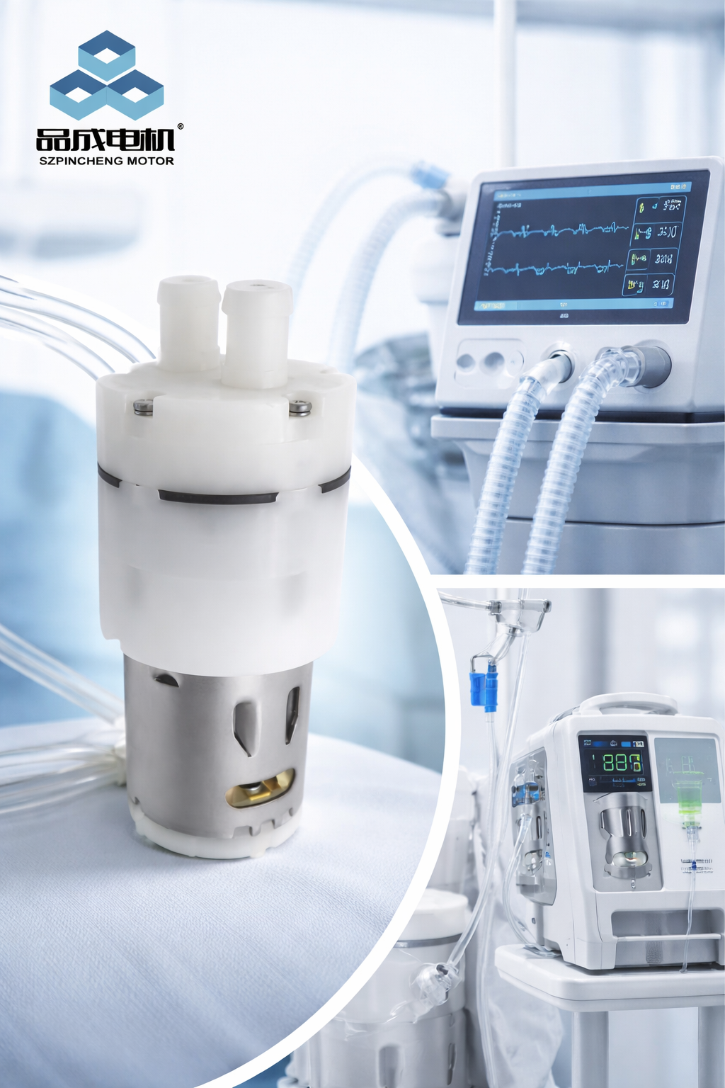 A compact micro water pump integrated into medical equipment, such as a ventilator and infusion pump, with a white cylindrical design and transparent silicone tubing for precise fluid delivery. The pump plays a key role in liquid transfer within patient care systems, ensuring stable and accurate fluid management.